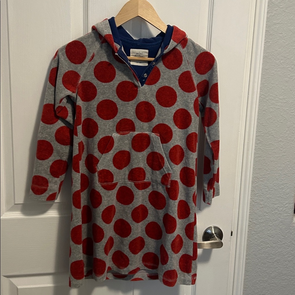 Mini Boden girls velour grey‎ red polka dots hooded dress 9/10 k7145